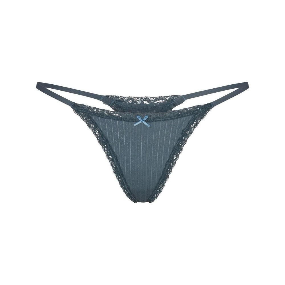 Skims Lightweight Cotton Pointelle Lace Trim Thong - New - Zircon Tonal - XS
